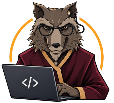 Mascote da SplinterLabs: mestre de óculos programando no notebook